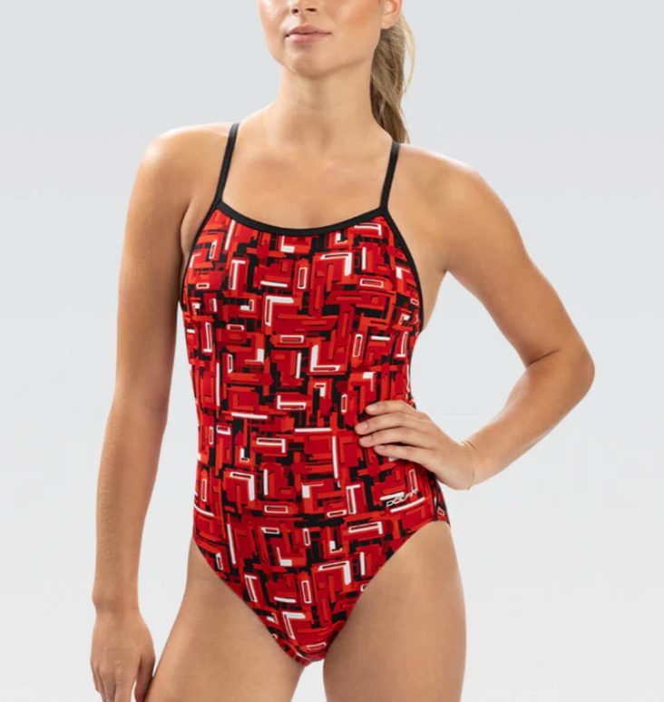 Woman wearing red geometric one-piece swimsuit