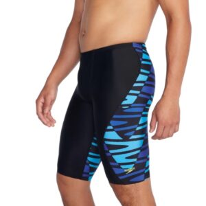 Black swim jammers with blue side pattern