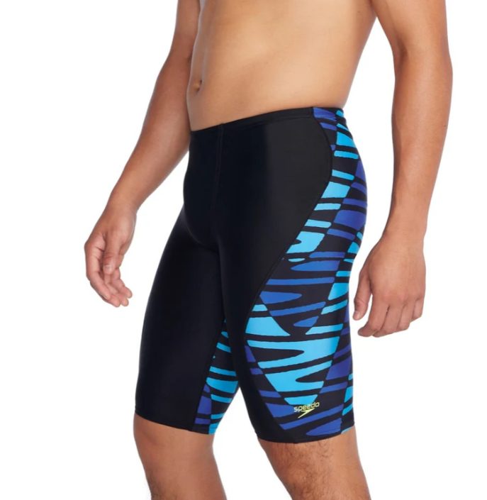 Black swim jammers with blue side pattern