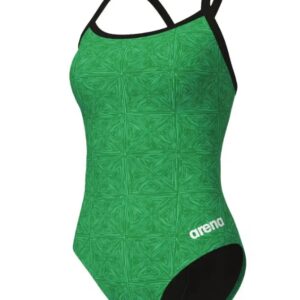 Green patterned Arena one-piece swimsuit with black straps