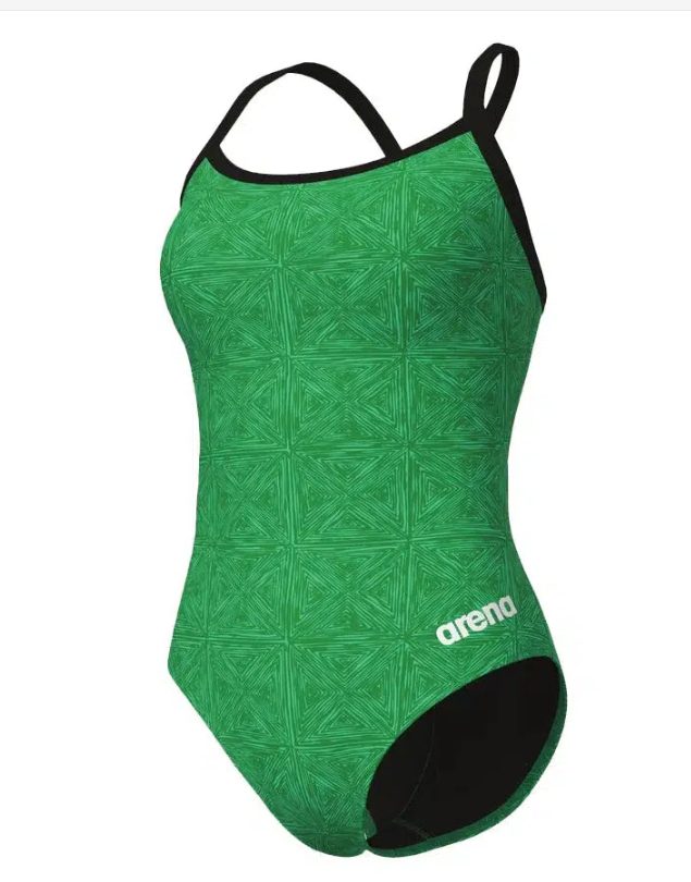 Green patterned Arena one-piece swimsuit with black straps