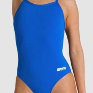 Model wearing blue Arena one-piece swimsuit