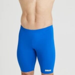 Male wearing blue Arena swim jammers