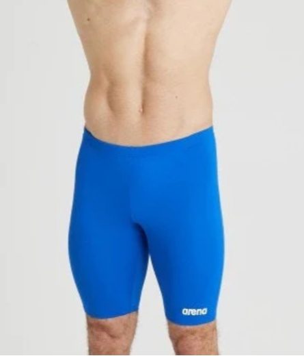Male wearing blue Arena swim jammers
