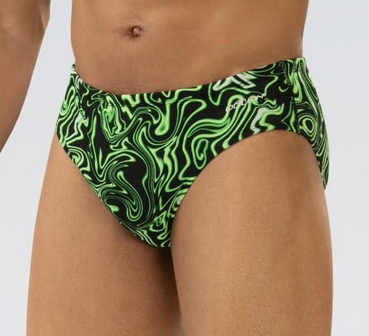 Green and black swirl men's swim briefs
