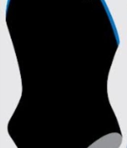Black TYR one-piece swimsuit with blue trim