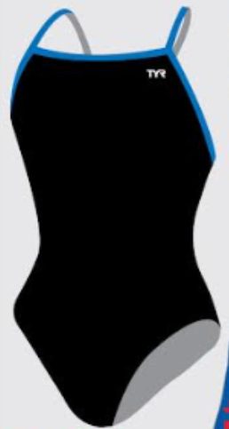 Black TYR one-piece swimsuit with blue trim